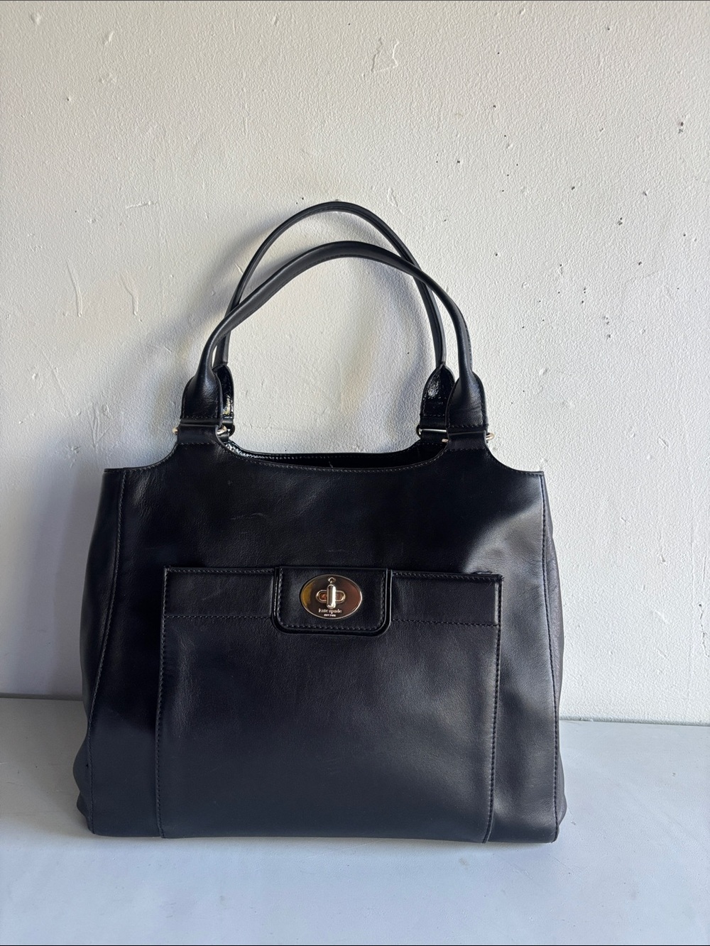 Classic Black Leather Tote with Turn-Lock Closure